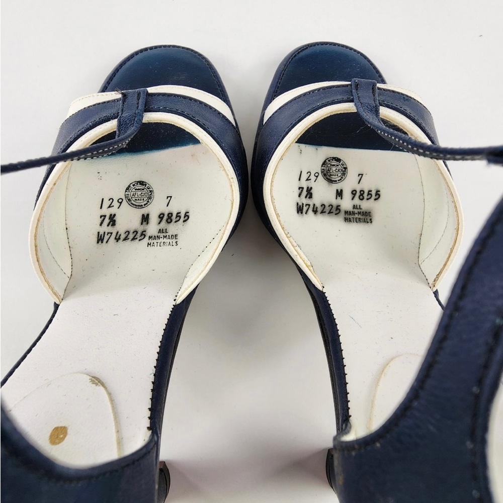 Stunning vintage navy and white T-bar open-toed sandal pumps, size 7.5 narrow - Picture 7 of 10